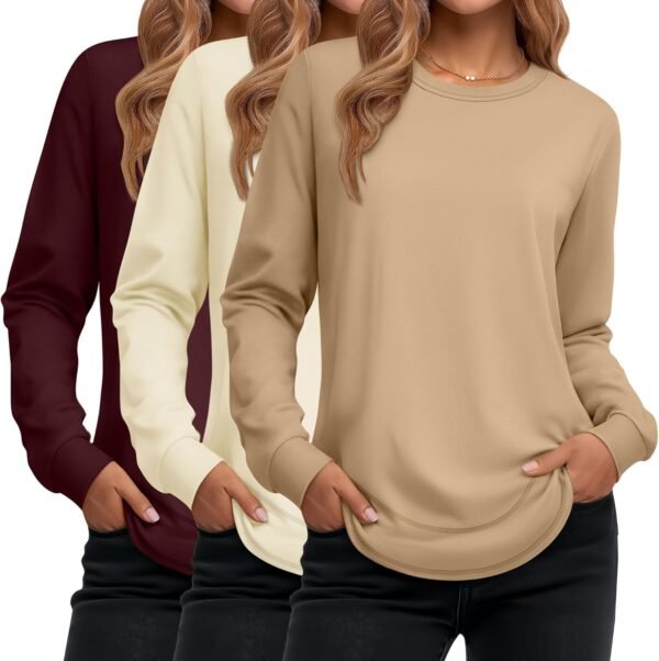 Women's Long Sleeve Shirts, Cotton Crew Neck Tunic Tops Casual Loose Fit Pullover Sweatshirts Curved Hem Shirts