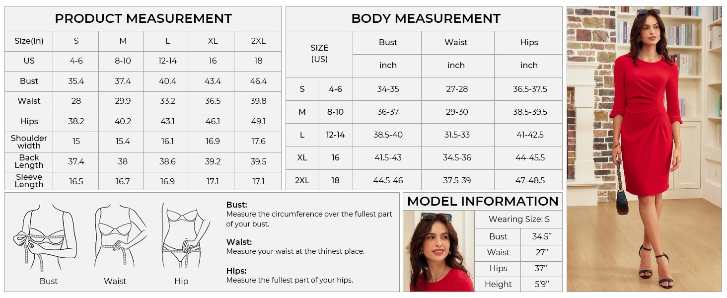 Work Dresses for Women  3/4 Sleeve Elegant Dresses Bodycon Dresses Red Party Dress Casual Midi Dress