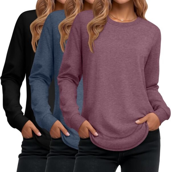 Women's Long Sleeve Shirts, Cotton Crew Neck Tunic Tops Casual Loose Fit Pullover Sweatshirts Curved Hem Shirts
