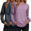 Women's Long Sleeve Shirts, Cotton Crew Neck Tunic Tops Casual Loose Fit Pullover Sweatshirts Curved Hem Shirts