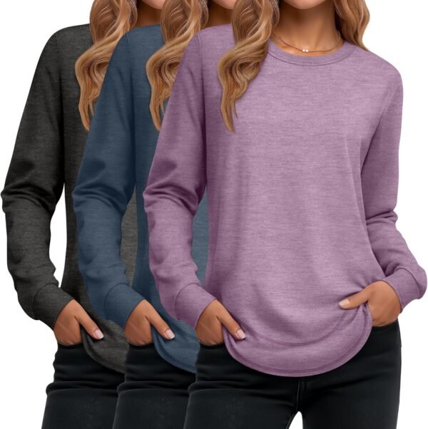 Women's Long Sleeve Shirts, Cotton Crew Neck Tunic Tops Casual Loose Fit Pullover Sweatshirts Curved Hem Shirts