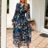Women's Floral Boho Long Sleeve Maxi Dress V Neck Empire Waist Swing Flowy Wedding Guest Dress
