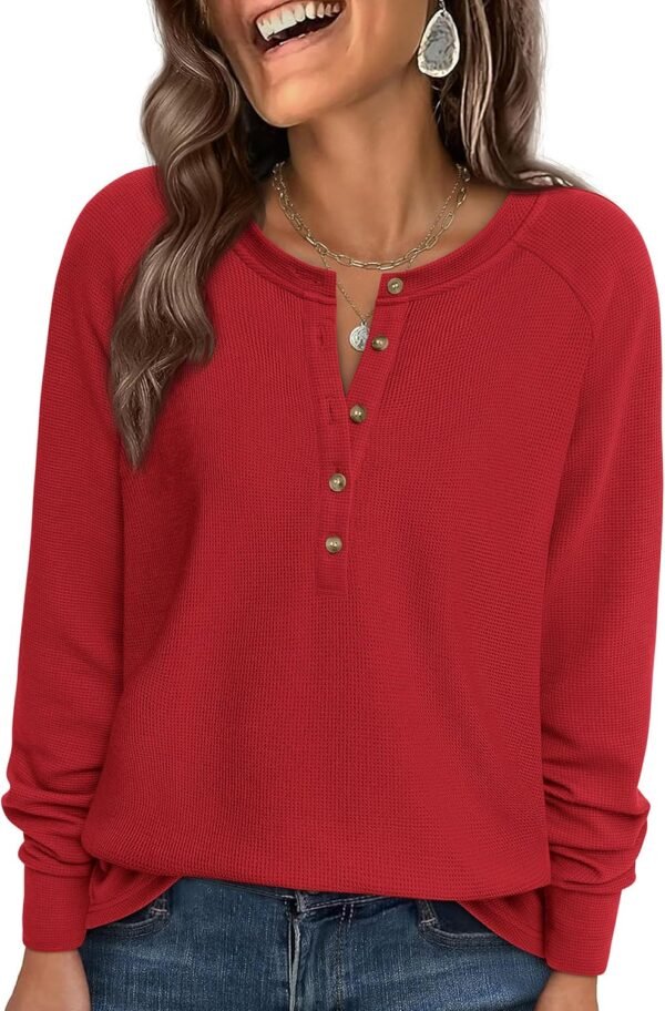 Women Long Sleeve Waffle Knit Shirts 2025 Fall Casual Button V Neck Loose Henley Tops Basic Tees Winter Clothes