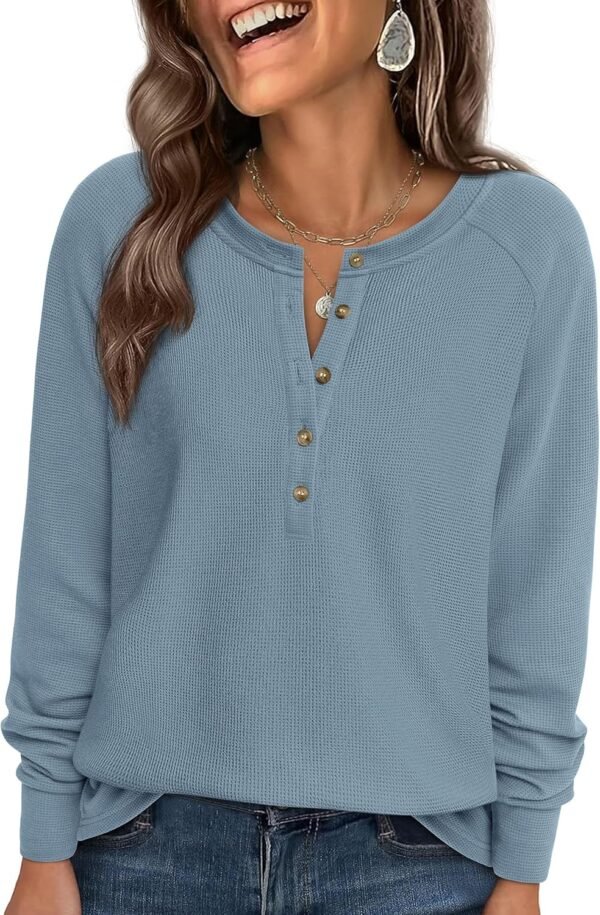 Women Long Sleeve Waffle Knit Shirts 2025 Fall Casual Button V Neck Loose Henley Tops Basic Tees Winter Clothes