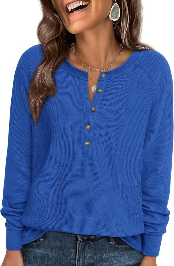 Women Long Sleeve Waffle Knit Shirts 2025 Fall Casual Button V Neck Loose Henley Tops Basic Tees Winter Clothes