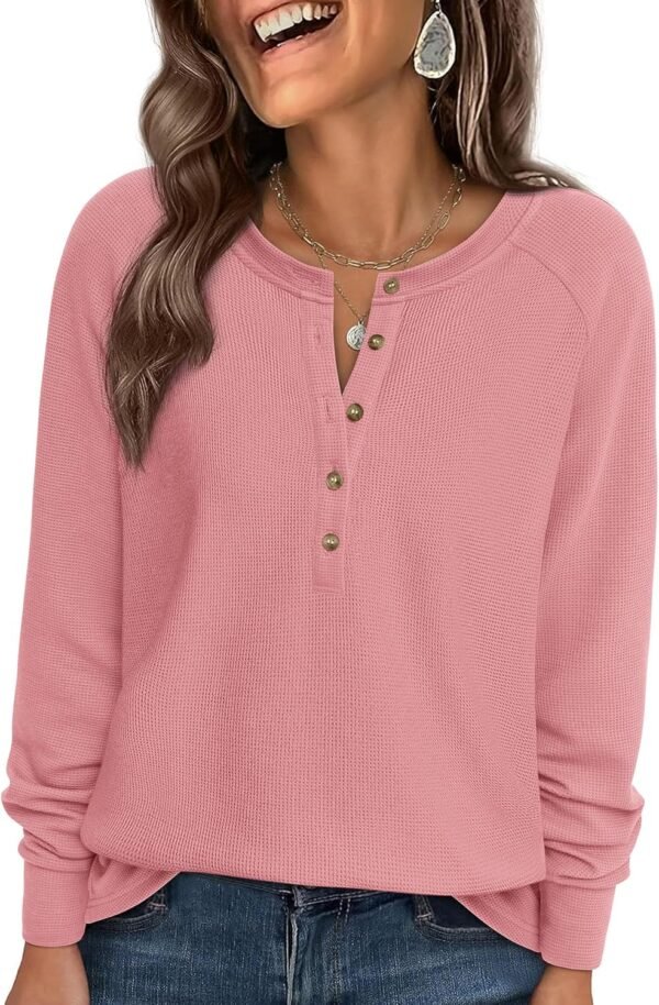Women Long Sleeve Waffle Knit Shirts 2025 Fall Casual Button V Neck Loose Henley Tops Basic Tees Winter Clothes