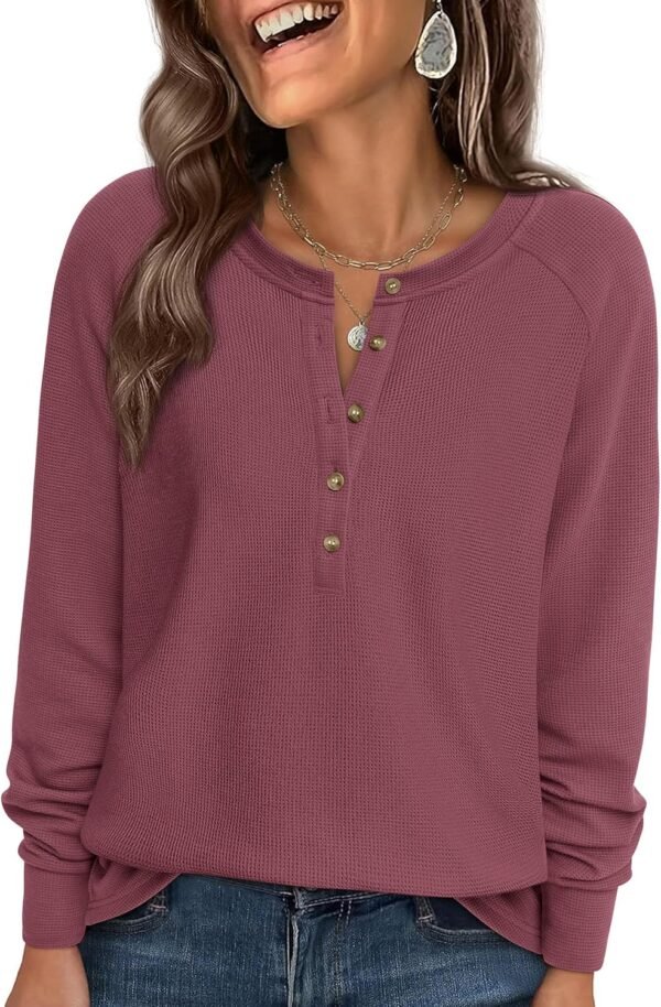 Women Long Sleeve Waffle Knit Shirts 2025 Fall Casual Button V Neck Loose Henley Tops Basic Tees Winter Clothes