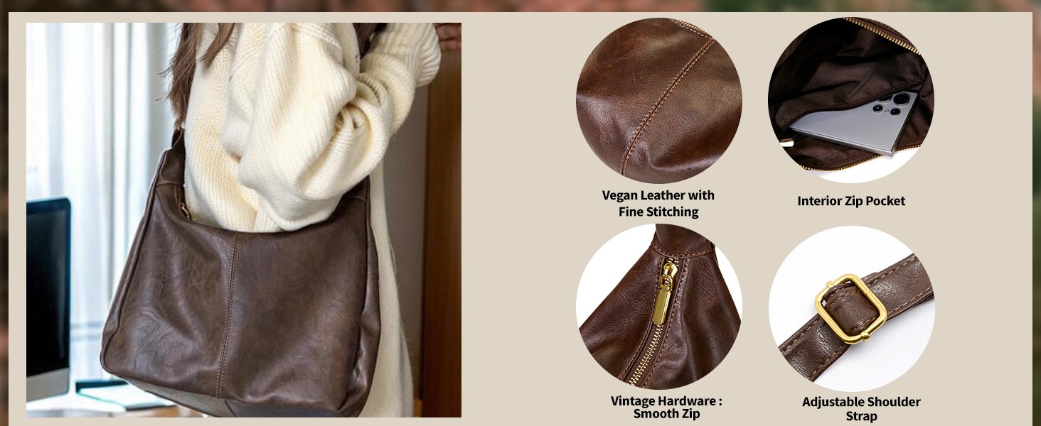 Brown vegan leather hobo; inside zip pocket, smooth zip, adjustable strap, neat stitching