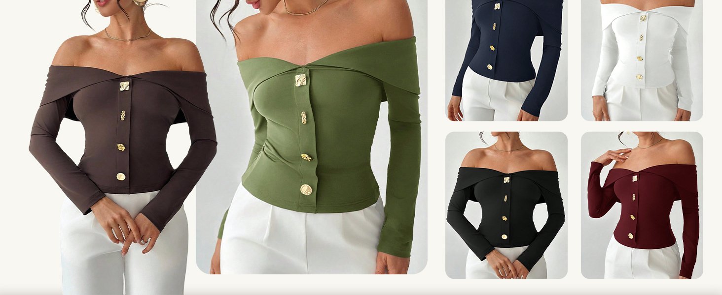 Women's Metal Button Long Sleeve Tee Off The Shoulder T Shirts