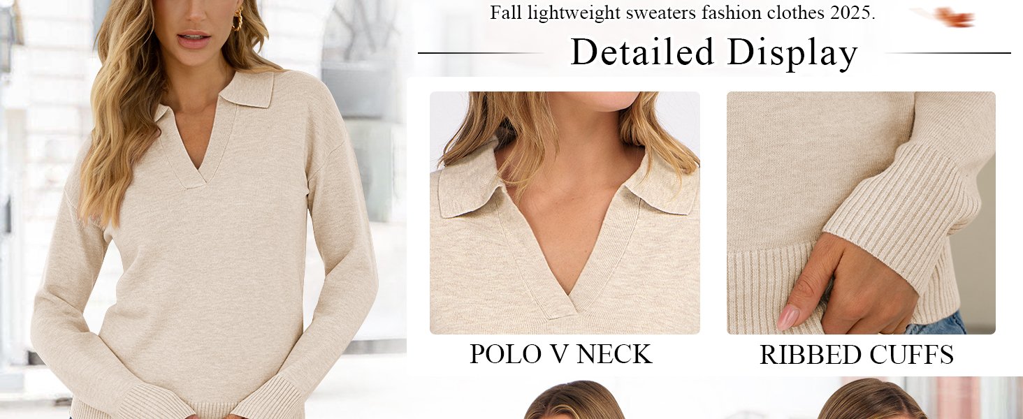 Womens Polo V Neck Long Sleeve Sweaters