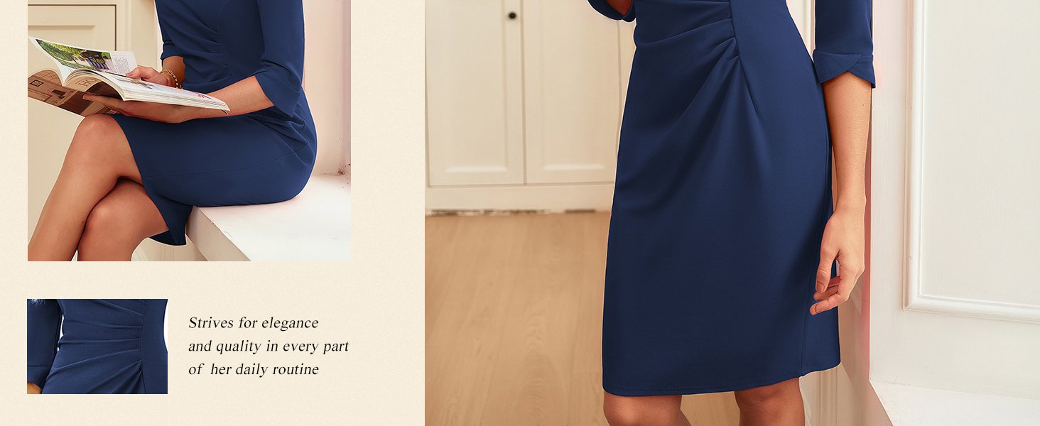 Business Dresses for Women 3/4 Sleeve V Neck Sheath Dress Work Dress Slim Church Dresses for Women